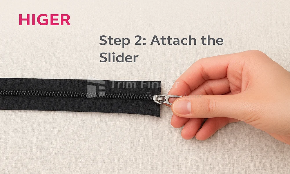 Hands attaching a slider to continuous zipper tape by aligning both sides and pulling to lock, Step 2 of zipper installation.
