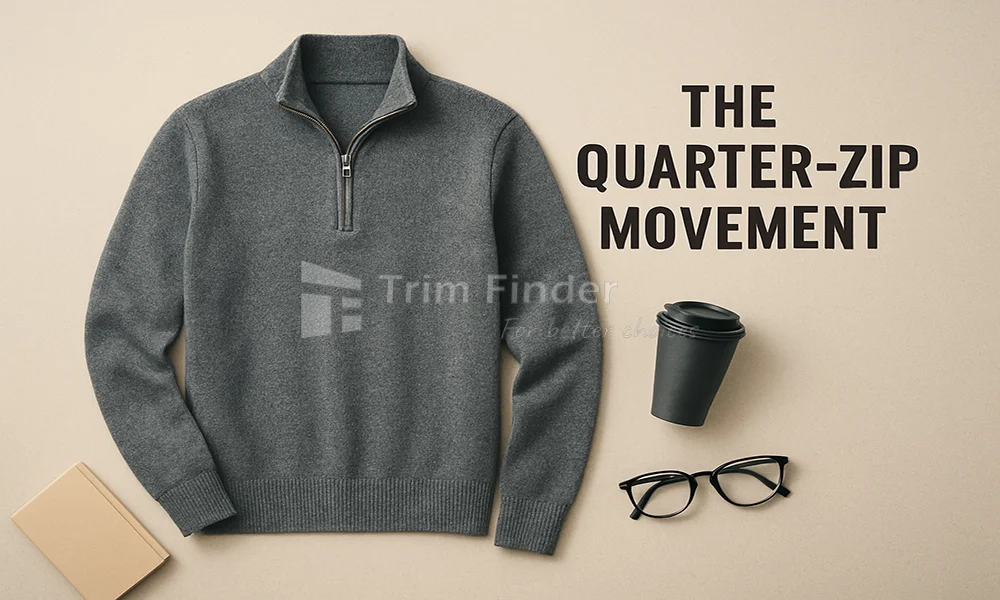 Gray quarter-zip sweater flat-lay representing the Gen Z quarter-zip movement and modern lifestyle shift.
