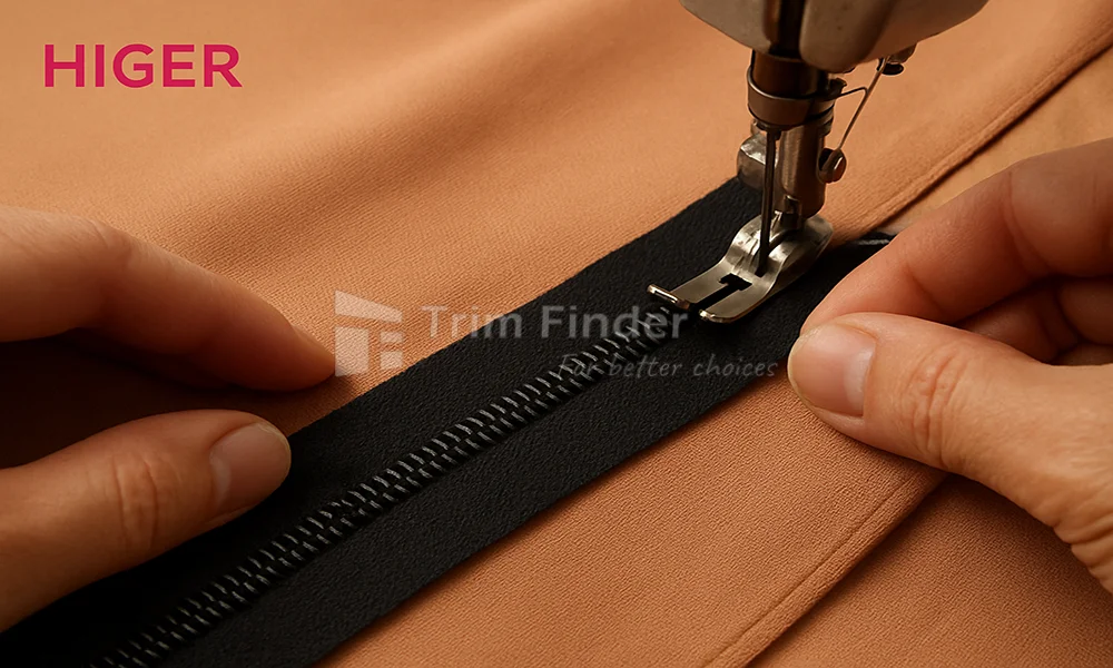 Hands sewing a continuous zipper tape to fabric with a sewing machine zipper foot – HIGER zipper accessories.