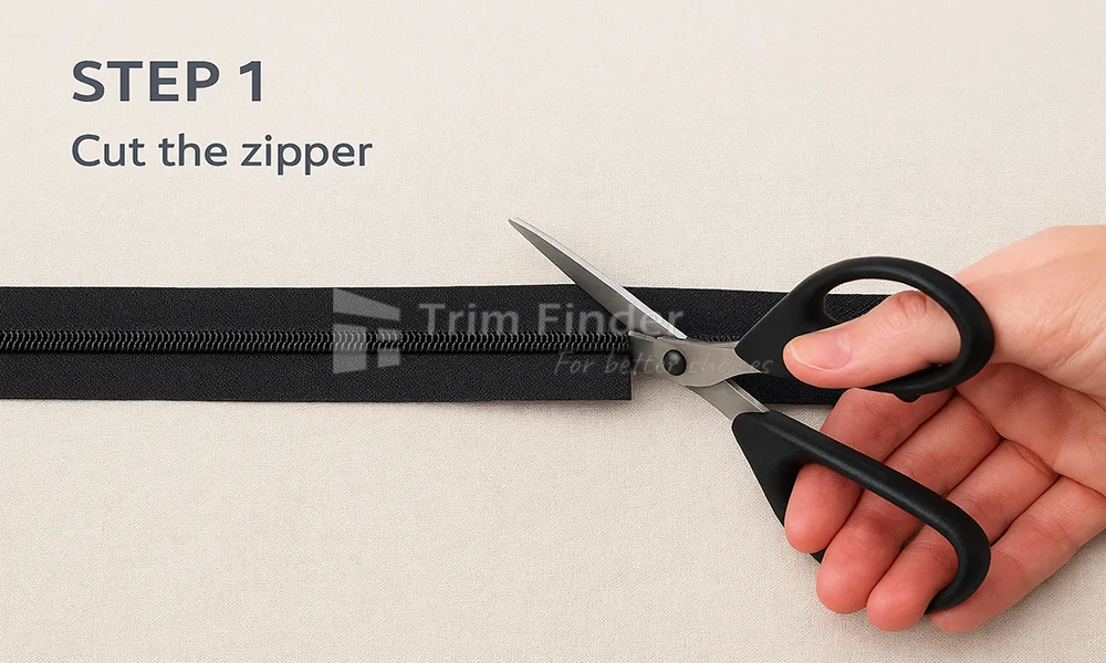 Hands cutting continuous zipper tape to length on a work surface, illustrating Step 1 of continuous zipper installation.
