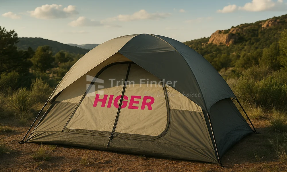 Outdoor camping tent with a heavy-duty zipper and HIGER branding displayed on the fabric.