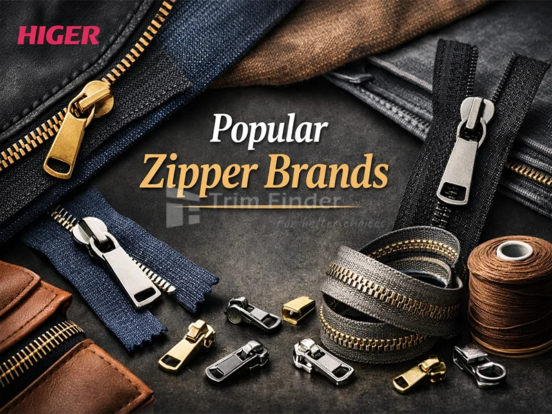 Close-up of YKK, Riri, and SBS zippers representing popular global zipper brands