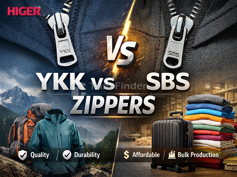 Side-by-side comparison of YKK and SBS zippers highlighting quality, durability, smoothness, affordability, and bulk production suitability for apparel, bags, and luggage